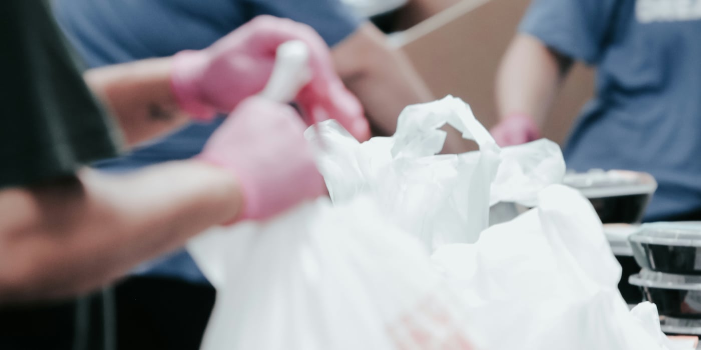 Adult hands holding a plastic shopping bag